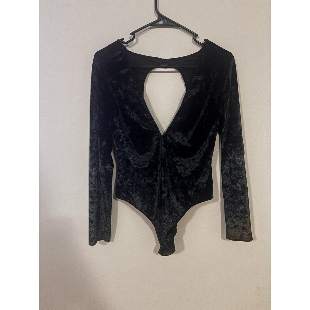 Victoria's Secret Bodysuit Crushed Velvet M/L Thong Black Plunge Neck Open Back